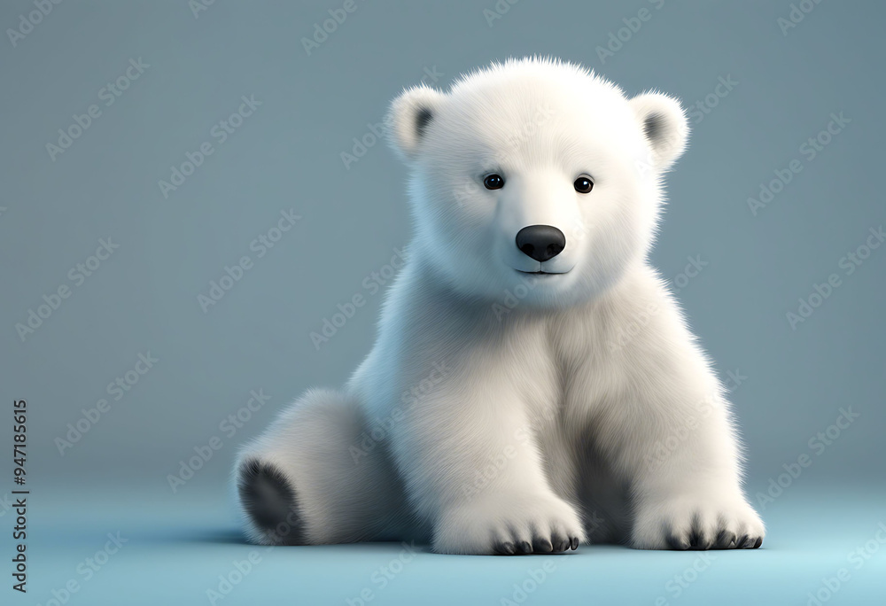 Adorable White Polar Bear Cub Sitting on Blue Background Adorable White Polar Bear Cub Sitting on Blue Background