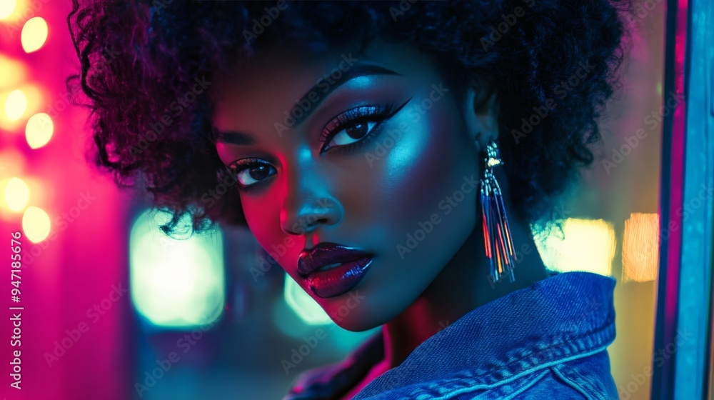 Stunning portrait of a fashionable woman with curly hair and vibrant neon lighting, exuding confidence and style. Stunning portrait of a fashionable woman with curly hair and vibrant neon lighting, exuding confidence and style.