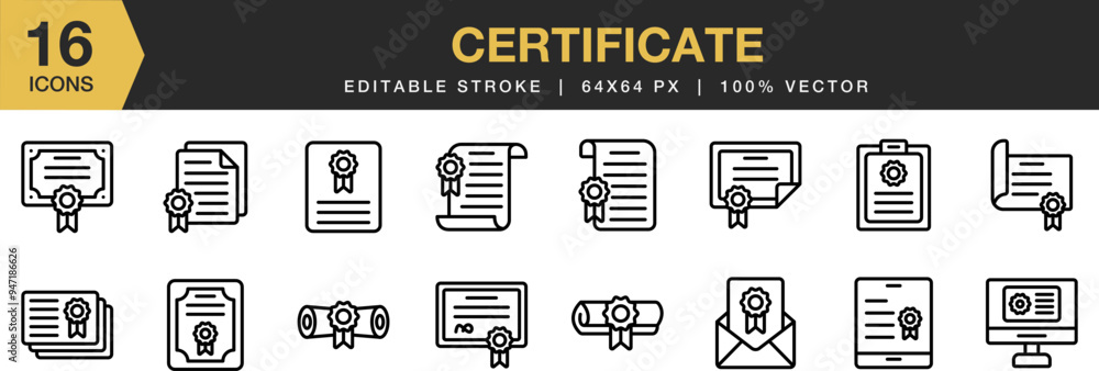 © spacepixel - Certificate icon set. Editable Stroke Icon Collection. Includes certificate icons and More. Outline icons vector collection. © spacepixel - Certificate icon set. Editable Stroke Icon Collection. Includes certificate icons and More. Outline icons vector collection.