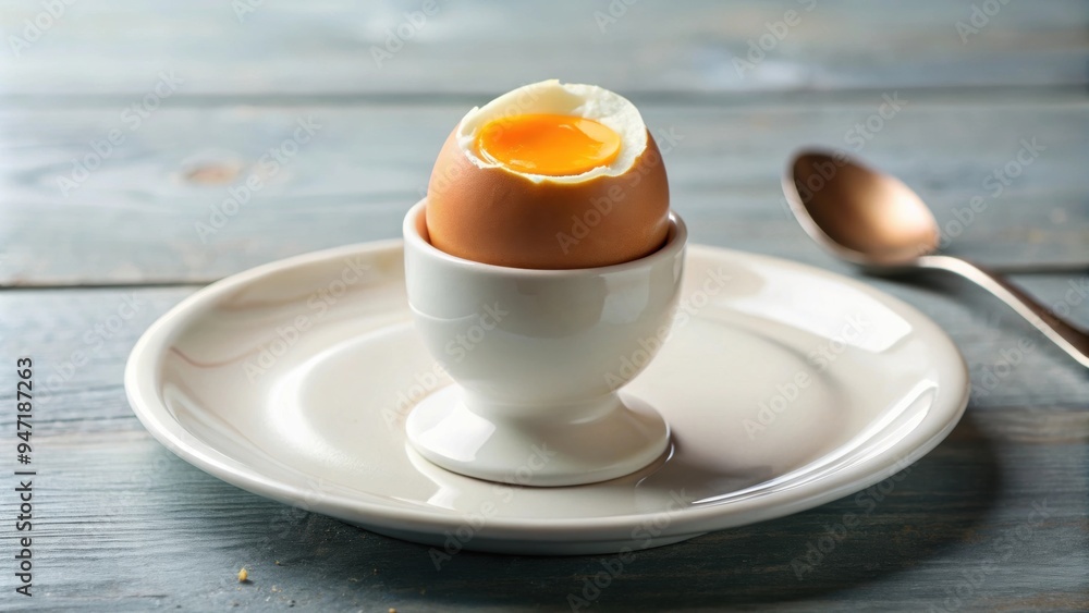 Soft boiled egg served on a small plate, breakfast, food, cooking, healthy, protein, egg yolk, delicate, gourmet, brunch, white Soft boiled egg served on a small plate, breakfast, food, cooking, healthy, protein, egg yolk, delicate, gourmet, brunch, white