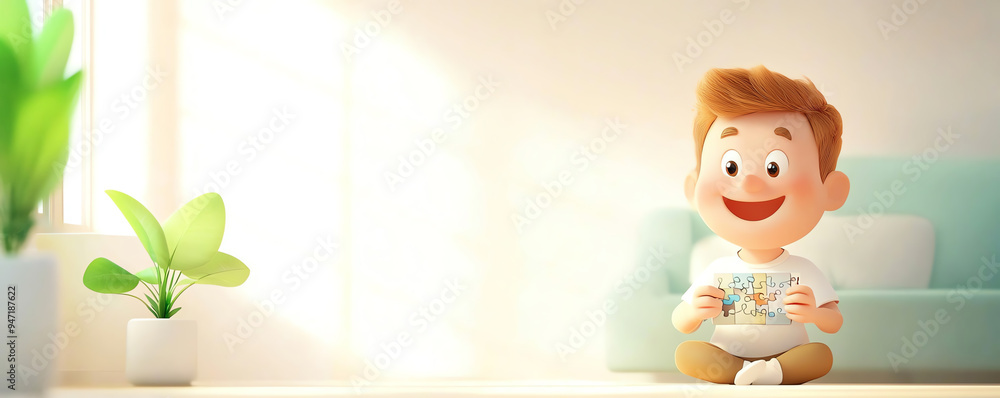 Fototapeta premium Cheerful child playing in a bright, modern living room, showcasing joy and creativity in a comfortable atmosphere.
