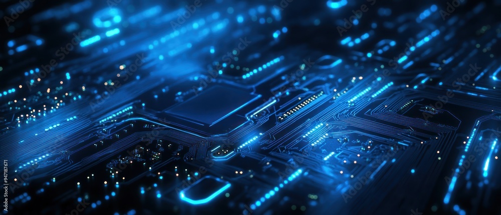 Futuristic Circuit Board Quantum Technology and Blue Glowing Light. Futuristic Circuit Board Quantum Technology and Blue Glowing Light.