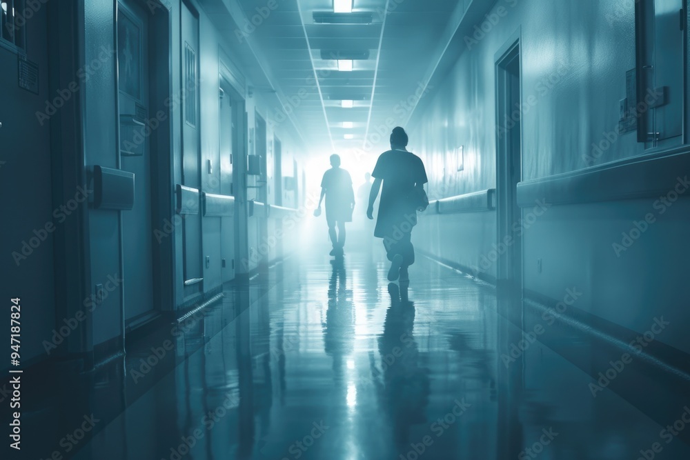 Two individuals strolling down a long corridor Two individuals strolling down a long corridor