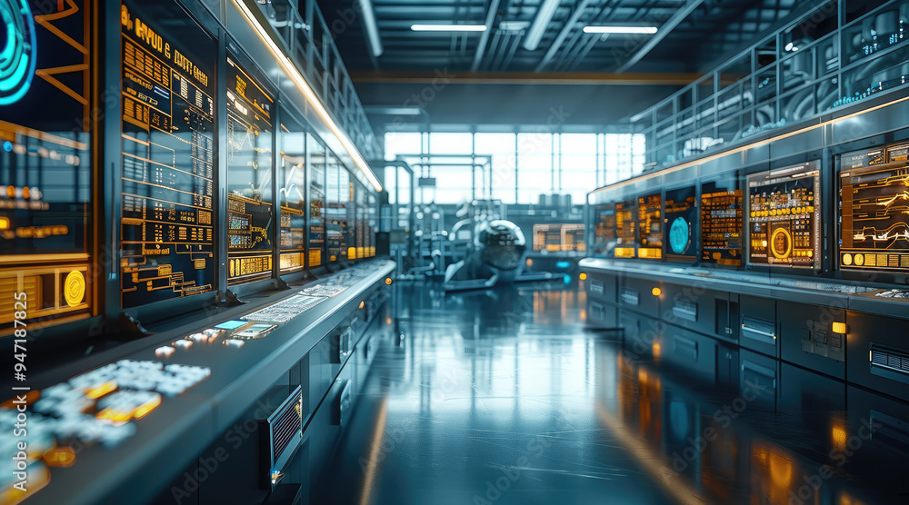 A smart factory control room with advanced touchscreen interfaces and live data feeds. Generative AI. A smart factory control room with advanced touchscreen interfaces and live data feeds. Generative AI.
