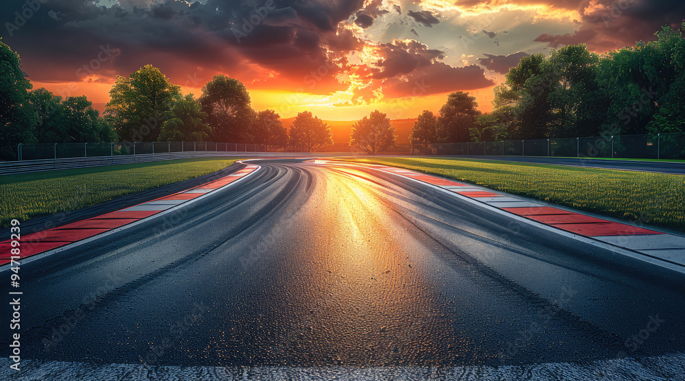 Naklejka premium Empty race track and green woods nature landscape at sunset, Bright color. Generative AI.