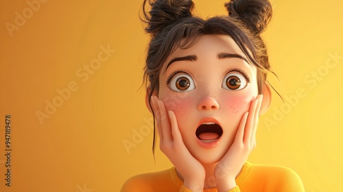 Surprised Teenage Girl in Trendy Outfit Gasping in 3D Cartoon Style on Soft Yellow Background with Copy Space
