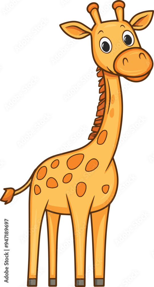 Round giraffe with a long neck, simple spots, and a joyful expression, white background, vector art cartoon style Round giraffe with a long neck, simple spots, and a joyful expression, white background, vector art cartoon style