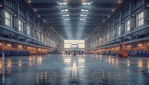 Airplane Inside Large Industrial Hangar, Morning Light