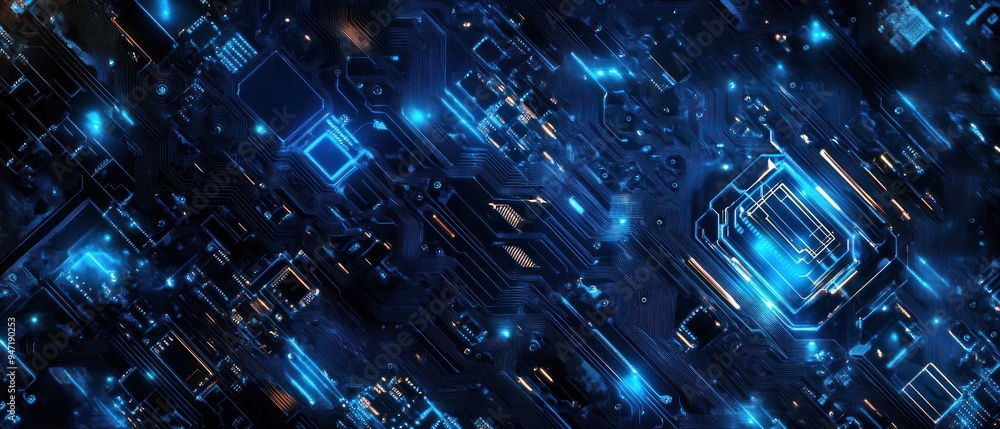 Futuristic Circuit Board Quantum Technology and Blue Glowing Light. Futuristic Circuit Board Quantum Technology and Blue Glowing Light.
