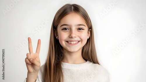 Wallpaper Mural Smiling Hungarian Schoolgirl Making Peace Sign on White Background Torontodigital.ca