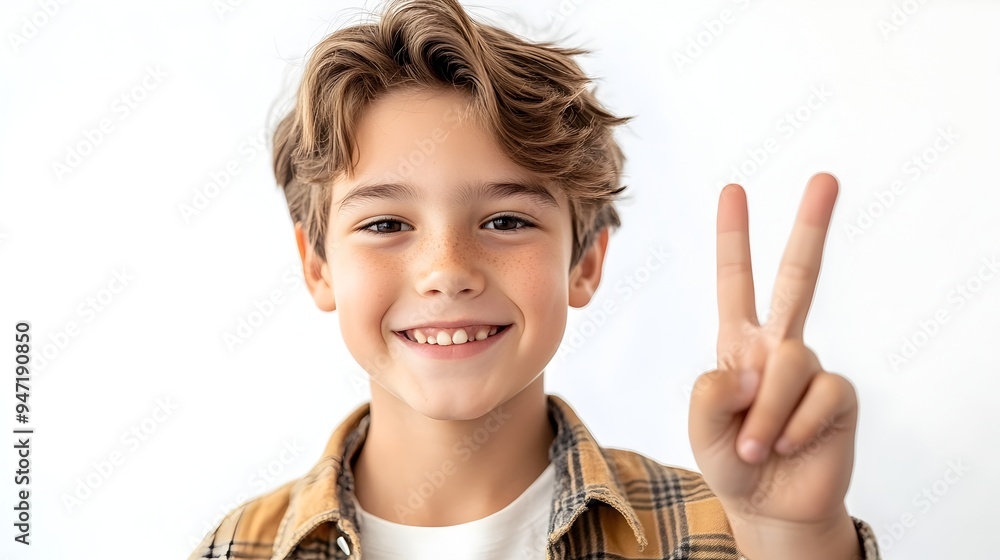Smiling Swedish Schoolboy Giving Peace Sign on White Background Smiling Swedish Schoolboy Giving Peace Sign on White Background