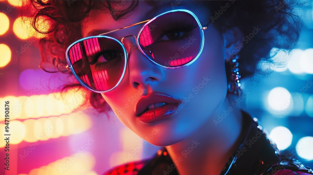 Stylish woman in retro sunglasses, illuminated by vibrant neon lights, exudes a chic and confident vibe. Perfect for nightlife or fashion themes. Stylish woman in retro sunglasses, illuminated by vibrant neon lights, exudes a chic and confident vibe. Perfect for nightlife or fashion themes.