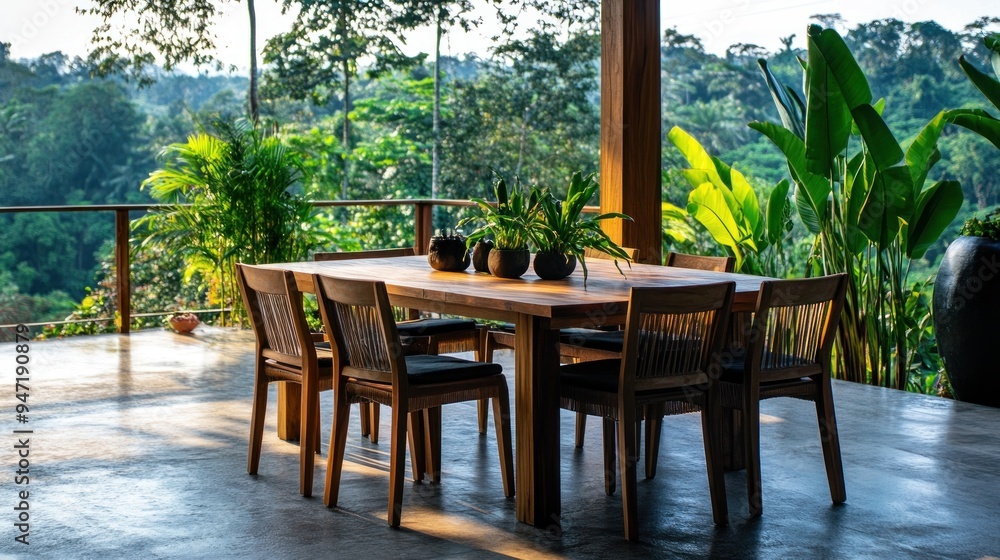 Fototapeta premium Outdoor Dining Terrace with Lush Jungle Views