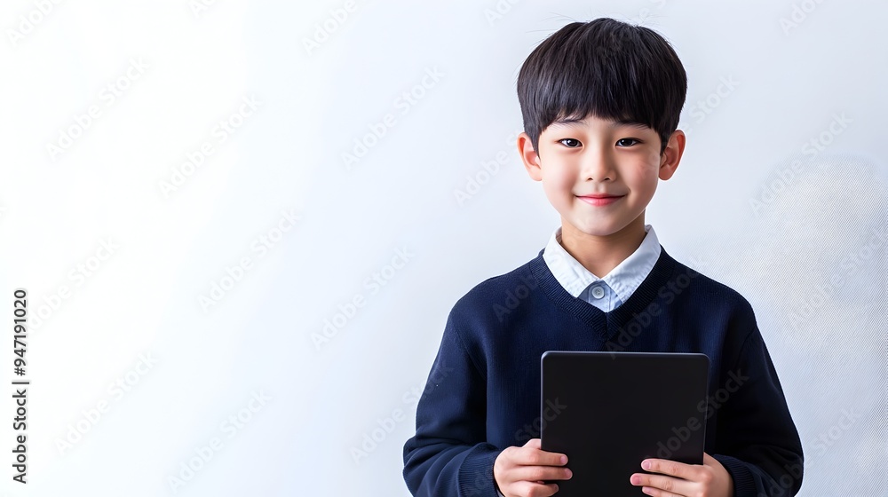 South Korean Schoolboy Holding Tablet Computer on White Background South Korean Schoolboy Holding Tablet Computer on White Background