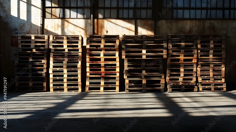Stacked Pallets in Shadowy Warehouse Setting Stacked Pallets in Shadowy Warehouse Setting