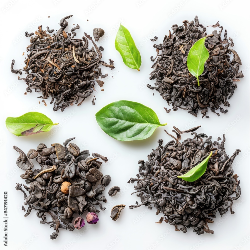 Fototapeta premium Black tea herbs in white background. Generative AI.