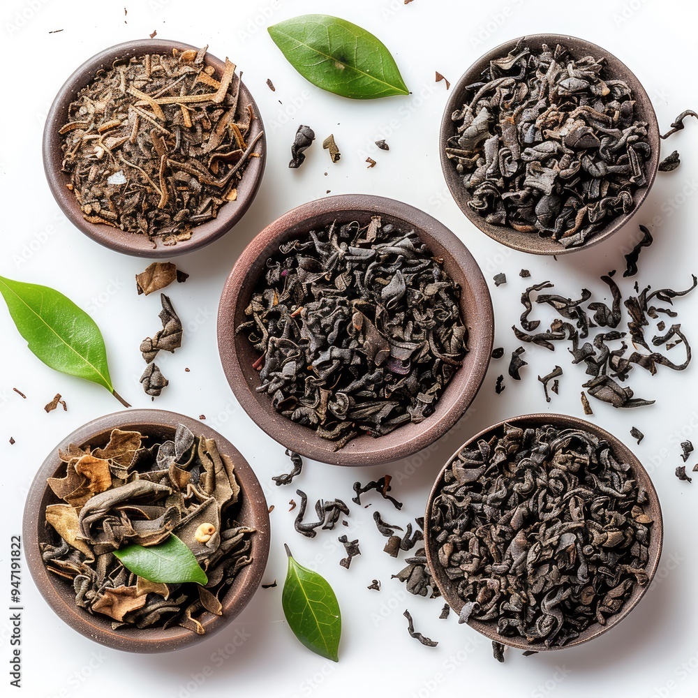 Fototapeta premium Black tea herbs in white background. Generative AI.