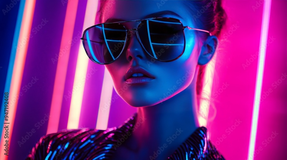 Stylish woman wearing oversized sunglasses in vibrant neon lighting, reflecting the colorful modern urban nightlife. Stylish woman wearing oversized sunglasses in vibrant neon lighting, reflecting the colorful modern urban nightlife.
