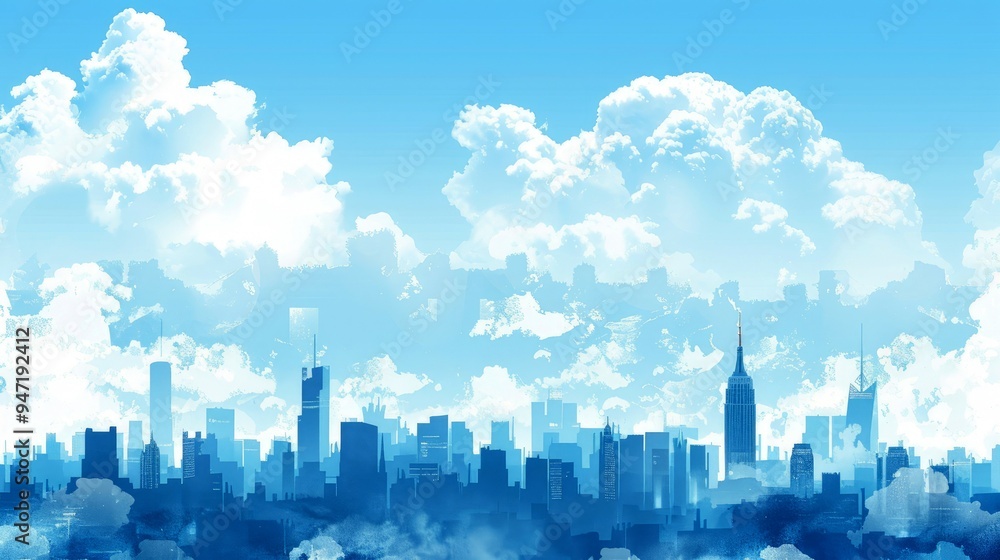 Blue City Skyline with White Clouds