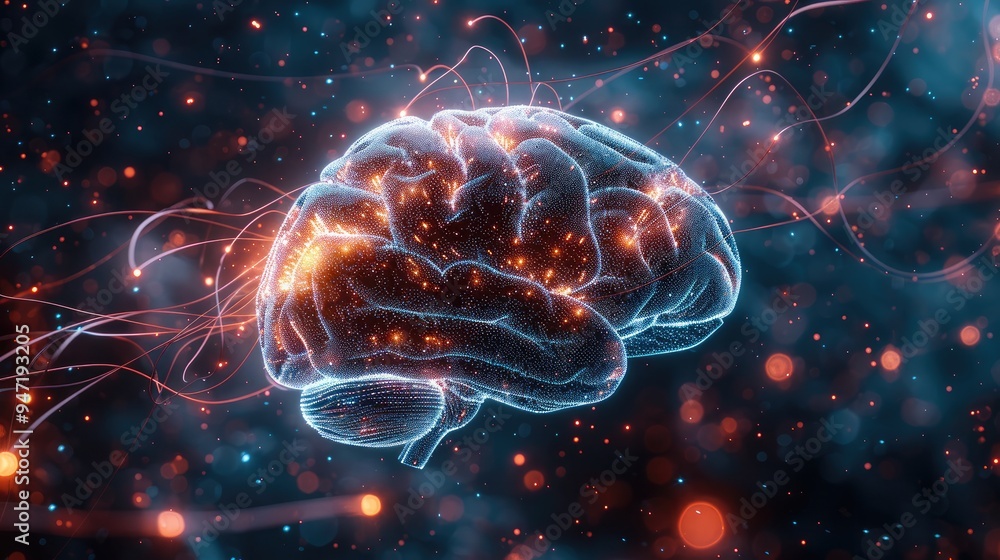A human brain connected to a network of wires and digital streams, with the brain synapses glowing brightly, indicating the process of reprogramming reality. Generative AI. A human brain connected to a network of wires and digital streams, with the brain synapses glowing brightly, indicating the process of reprogramming reality. Generative AI.