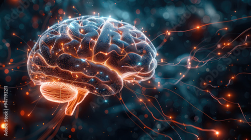 A human brain connected to a network of wires and digital streams, with the brain synapses glowing brightly, indicating the process of reprogramming reality. Generative AI.