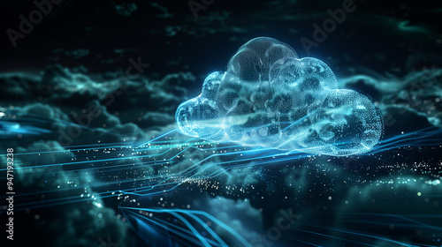 Abstract digital cloud with flowing data streams on a dark background symbolizing cloud computing