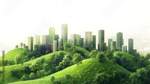 Sustainable Urban Landscape with Energy Efficient Skyscrapers and Green Hills