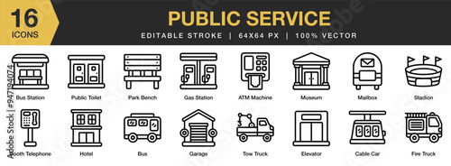 Public Service icon set. Editable Stroke Icon Collection. Includes gas station, hotel, mail box, park bench, stadion,  and More. Outline icons vector collection.