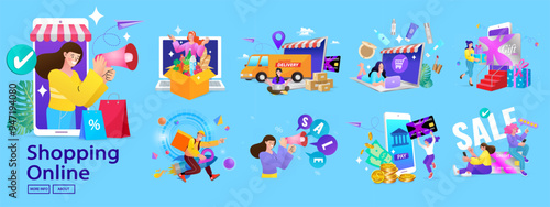 Online shopping and e-commerce vector illustration set. This collection includes concepts like digital marketing, online store, sale, and delivery service.