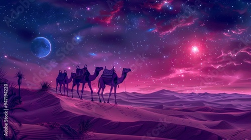 Camels Silhouetted Against a Starry Purple Sky Over a Desert Landscape