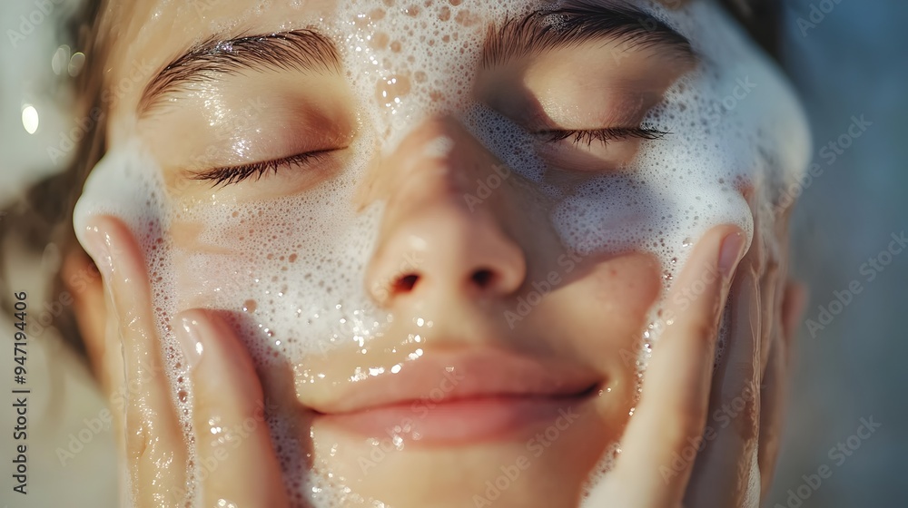 Teenager Washing Face with Foaming Cleanser for Acne Treatment Teenager Washing Face with Foaming Cleanser for Acne Treatment