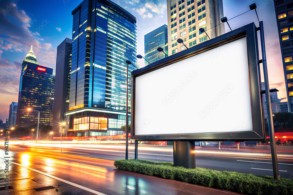 Light box or Billboard in a bustling city center with the cityscape providing a dynamic, busy background Light box or Billboard in a bustling city center with the cityscape providing a dynamic, busy background