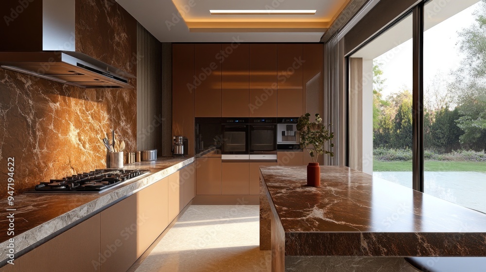 Modern kitchen with marble countertops and a view of the garden Modern kitchen with marble countertops and a view of the garden