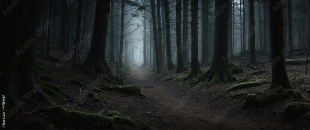 Fototapeta premium A misty forest path with tall trees and exposed roots