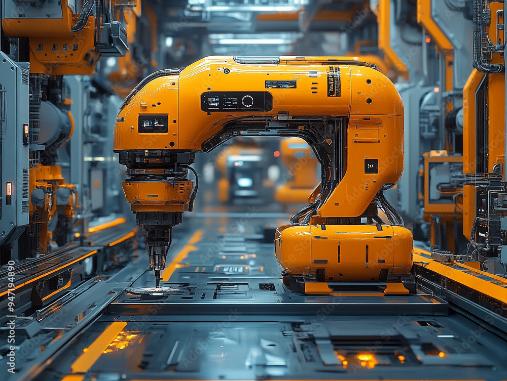 A futuristic robotic arm in an industrial setting, showcasing advanced technology and automation in manufacturing processes. A futuristic robotic arm in an industrial setting, showcasing advanced technology and automation in manufacturing processes.