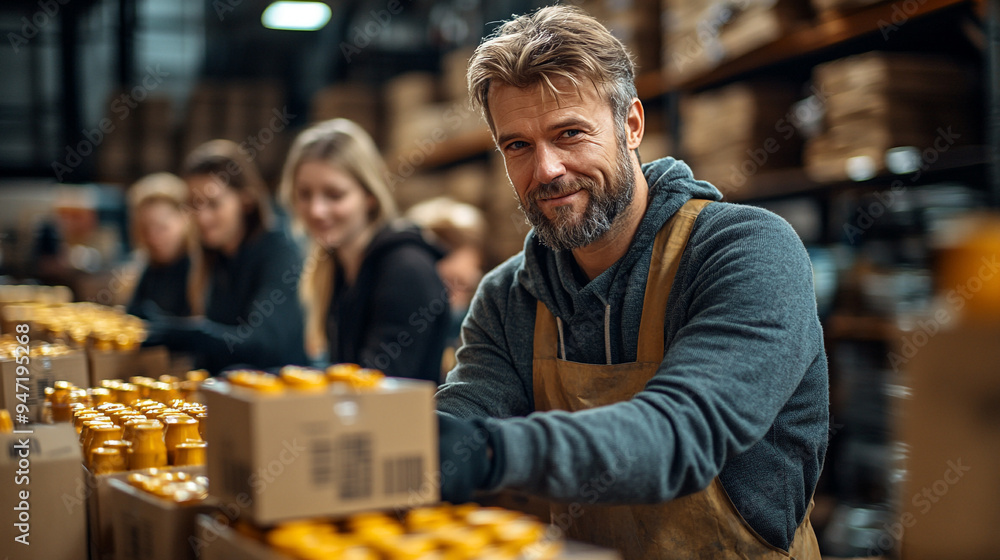 A man working in a warehouse, packaging products with a smile, showcasing teamwork and dedication in a busy environment. A man working in a warehouse, packaging products with a smile, showcasing teamwork and dedication in a busy environment.