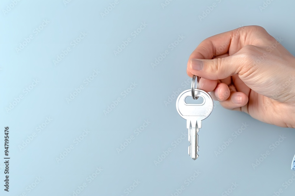 Hand Holding Key: A hand confidently grasps a silver key against a serene blue background, symbolizing new beginnings, possibilities, and the unlocking of opportunities. This image is perfect for real Hand Holding Key: A hand confidently grasps a silver key against a serene blue background, symbolizing new beginnings, possibilities, and the unlocking of opportunities. This image is perfect for real