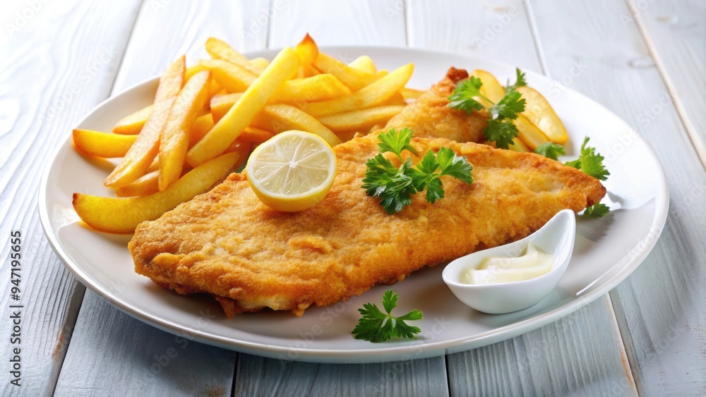 Fried fish fillet with crispy fries on a white plate, delicious, seafood, fast food, crispy, meal, savory, lunch Fried fish fillet with crispy fries on a white plate, delicious, seafood, fast food, crispy, meal, savory, lunch