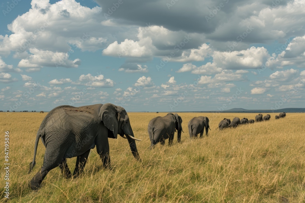 Obraz premium Elephants move as a united group across the broad grasslands, with the setting sun casting a warm glow. The aerial shot captures their majestic grandeur in the wild.