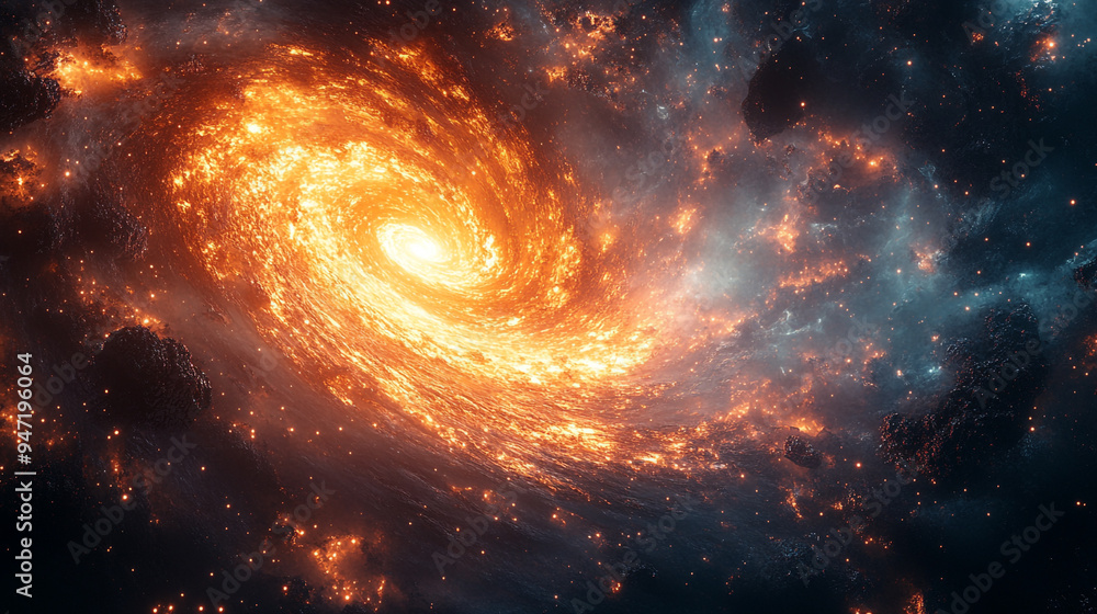 A stunning view of a vibrant galaxy swirling with bright orange and blue hues, showcasing the beauty of the universe. A stunning view of a vibrant galaxy swirling with bright orange and blue hues, showcasing the beauty of the universe.