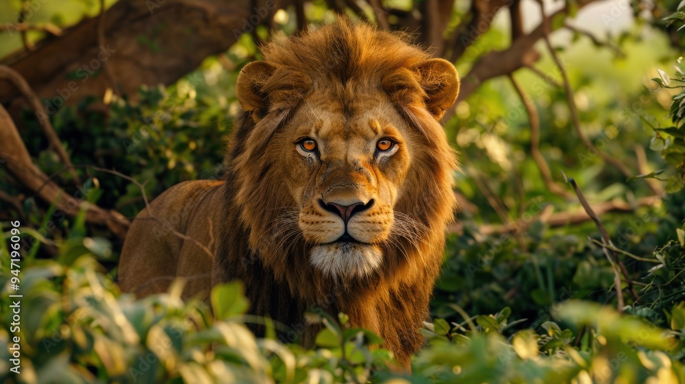 African lion peering through dense foliage, its golden eyes exuding strength and determination. Perfect for wildlife photography and conservation campaigns. African lion peering through dense foliage, its golden eyes exuding strength and determination. Perfect for wildlife photography and conservation campaigns.