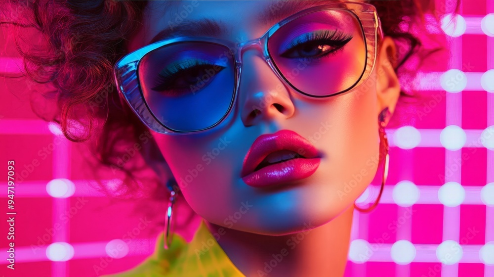 Trendy fashion model in vibrant neon lights, wearing stylish eyewear and bright makeup, showcasing modern glamour and nightlife vibes. Trendy fashion model in vibrant neon lights, wearing stylish eyewear and bright makeup, showcasing modern glamour and nightlife vibes.
