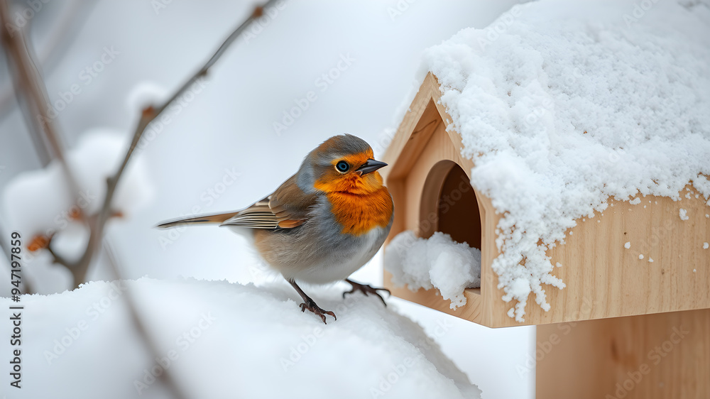 Cute small bird next to feeding house in snow during winter. Generative AI Cute small bird next to feeding house in snow during winter. Generative AI