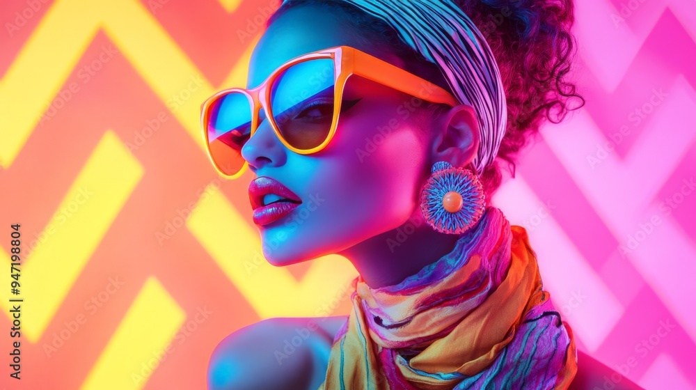 Vibrant fashion portrait of a stylish woman with sunglasses, colorful scarf, and funky background lighting. Vibrant fashion portrait of a stylish woman with sunglasses, colorful scarf, and funky background lighting.