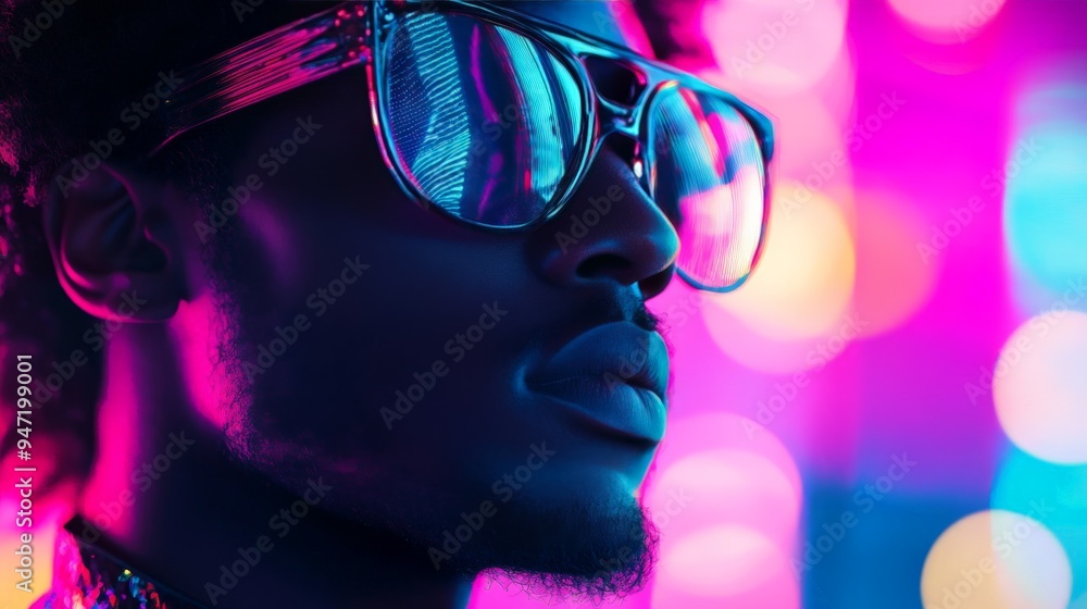 Vibrant neon portrait of a person wearing reflective sunglasses, exuding a stylish and futuristic vibe with colorful bokeh background. Vibrant neon portrait of a person wearing reflective sunglasses, exuding a stylish and futuristic vibe with colorful bokeh background.