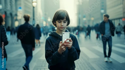 Wallpaper Mural Teenage boy with a smartphone in the middle of the street. Children's addiction to smartphones and the Internet. Streets bustling, yet he's captivated by his smartphone glow. Torontodigital.ca