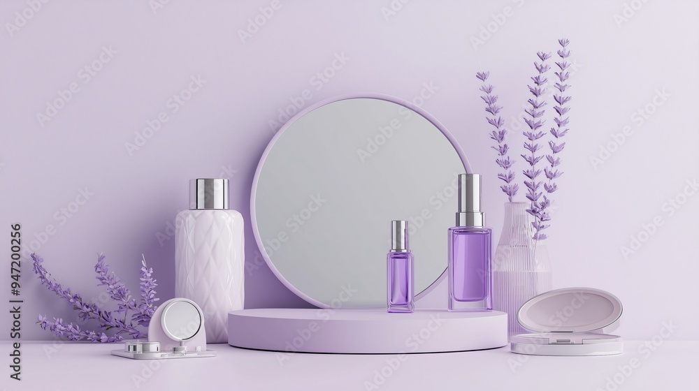 A minimalist 3D podium with ample empty space, surrounded by perfume bottles and compact mirrors, set against a light lavender background, ideal for personal care promotions A minimalist 3D podium with ample empty space, surrounded by perfume bottles and compact mirrors, set against a light lavender background, ideal for personal care promotions