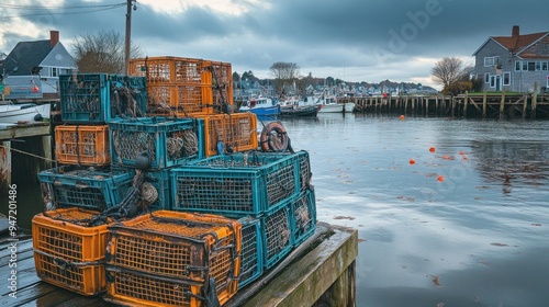 Lobster Traps on a Dock by the Harbor photo