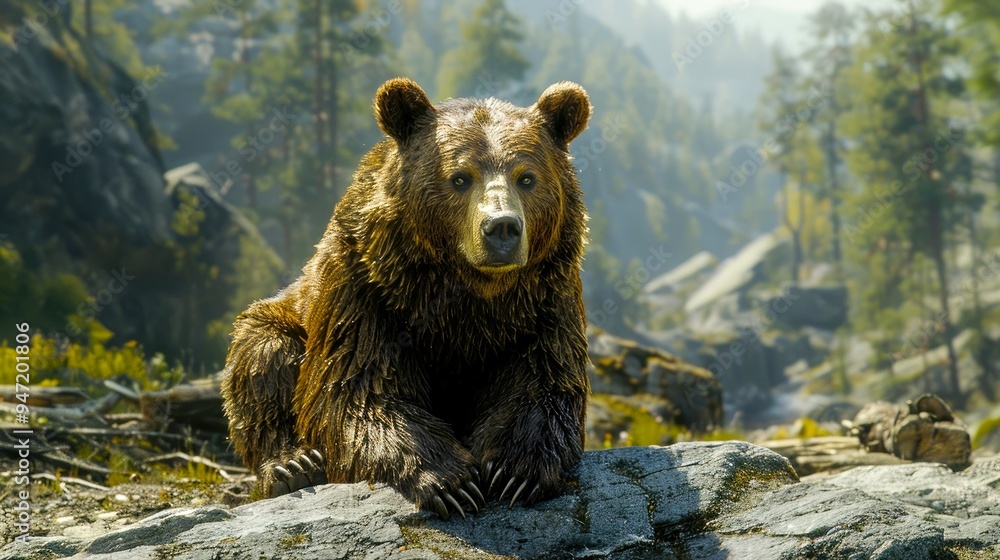 Obraz premium Grizzly Bear Sitting on a Rock in a Mountainous Forest