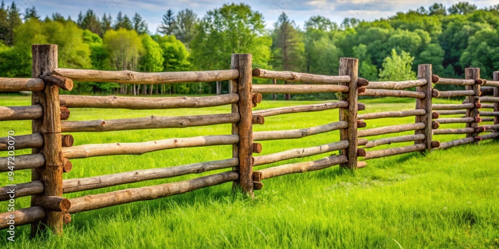 Wooden fence made of logs surrounded by lush green grass, wood, fence, logs, grass, natural, rustic, outdoors, boundary, barrier Wooden fence made of logs surrounded by lush green grass, wood, fence, logs, grass, natural, rustic, outdoors, boundary, barrier